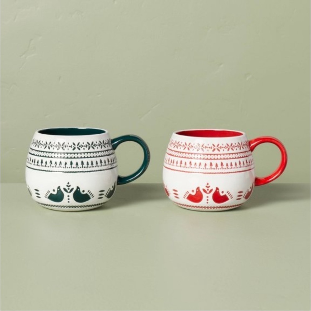 Hearth and Hand 2 pk each Nordic Christmas Fair Isle Stoneware Mugs in G…